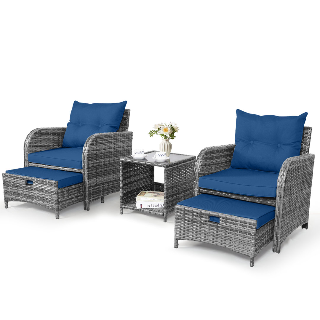 Constantino 2-Person Outdoor All-Weather Wicker Conversation Set with Ottomans and Tempered Glass Coffee Table